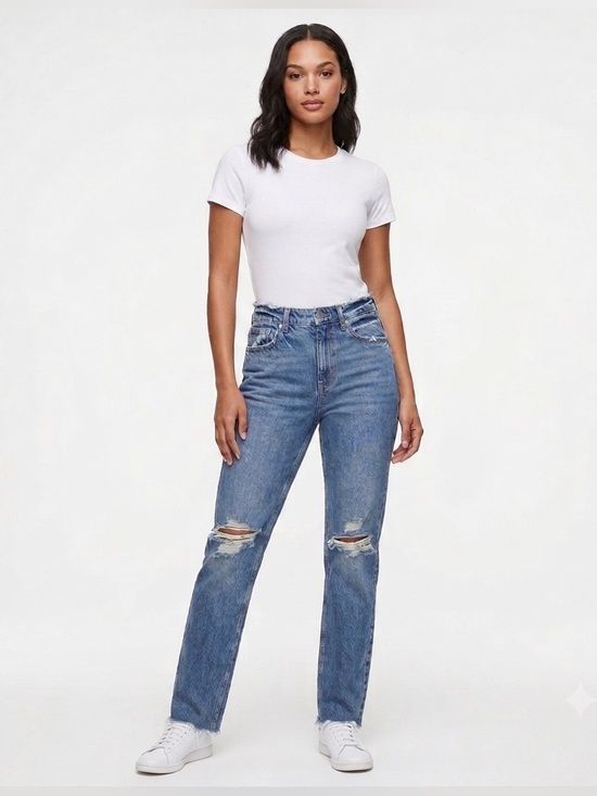 Good American Denim - Good American 90s Wide Leg Straight Jeans NWT 8/29 Distressed Raw Hem